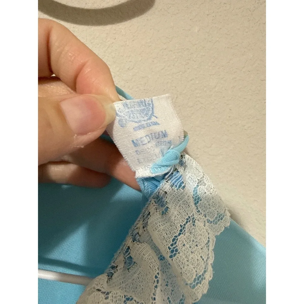 Vintage Peignoir Robe Women Medium Blue Lace Trim Ruffle Sheer Peignoir Full - Picture 2 of 8
